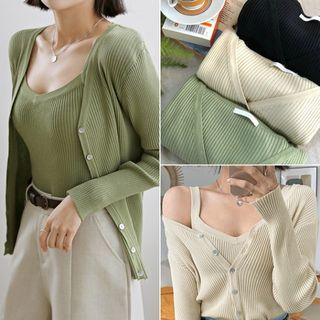Set: V-neck Rib-knit Cardigan + Sleeveless Top