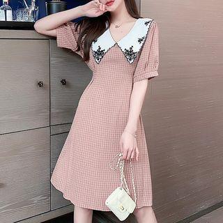 Short-sleeve Floral Embroidered Plaid A-line Dress