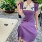 Short-sleeve Collar Knit Midi Sheath Dress Purple - One Size