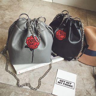 Flower Embroidered Chain Strap Bucket Bag