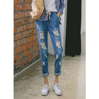 Drawstring Washed Distressed Jeans
