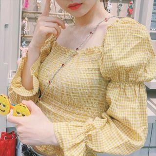 Long-sleeve Plaid Shirred Crop Top