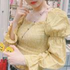 Long-sleeve Plaid Shirred Crop Top