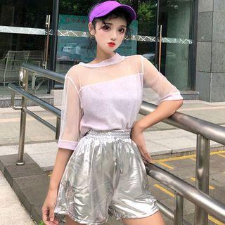 Set: Mesh Panel Elbow Sleeve T-shirt + Metallic Shorts