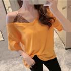 Cold-shoulder Short-sleeve T-shirt Orange - One Size