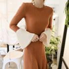 Flare-sleeve Contrast-color Knit Dress