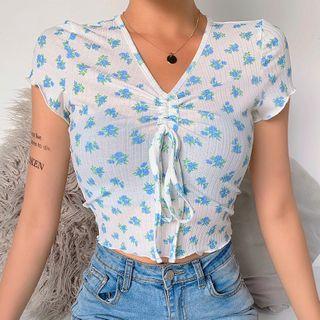 Short-sleeve Floral Print Drawstring T-shirt