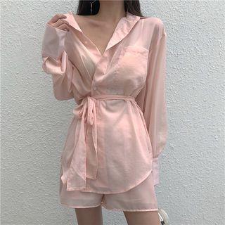 Plain Long-sleeve Blouse / Plain High-waist Shorts