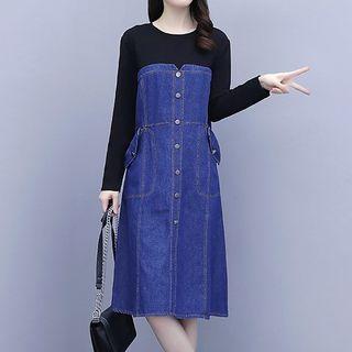 Denim Panel Long-sleeve Midi A-line Dress