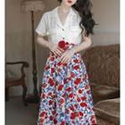 Short-sleeve Notch Lapel Shirt / Floral Midi A-line Skirt / Set