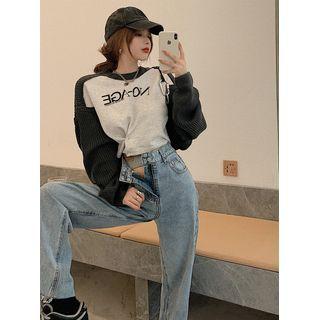 Patchwork Cropped Pullover / High-waist Wide-leg Jeans