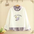 Fleece-lined Printed Gingham Mock Two Piece Long-sleeve Top