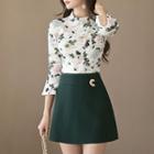 Set: Floral 3/4-sleeve Top + A-line Skirt