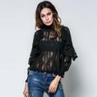 Frilled Trim Stand Collar Sheer Lace Top