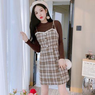 Set: Long-sleeve Knit Top + Spaghetti Strap Plaid Mini Sheath Dress