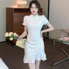 Short-sleeve Embroidered Floral Ruffle Trim Qipao Dress