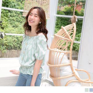 Off-shoulder Leaf Patterned Short-sleeve Top