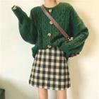 Loose-fit Cardigan / Plaid Slim-fit Skirt