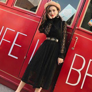 Mock-turtleneck Long-sleeved Tie-waist Plain Lace Sheath Dress