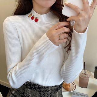 Apple Embroidered Mock-turtleneck Knit Top