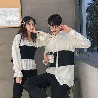 Couple Matching Long-sleeve Color Block Shirt / Long-sleeve Blouse