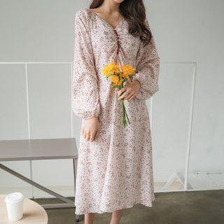 Off-shoulder Button-trim Patterned Dress Beige - One Size