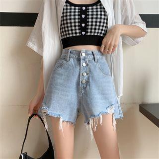 High-waist Ripped Washed Denim Shorts