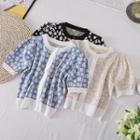 Round-neck Short-sleeve Color Panel Flower Cardigan
