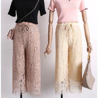 Fringed-hem Wide-leg Lace Pants