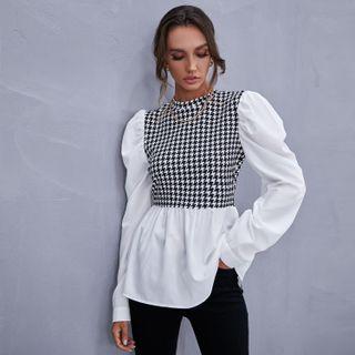 Ruffle Trim Long-sleeve Houndstooth Panel Shirt