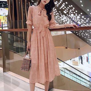 Printed Tie-neck Short-sleeve Midi A-line Dress