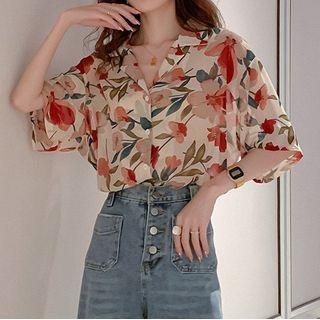 Short-sleeve Lapel Floral Print Button-up Chiffon Loose Fit Shirt