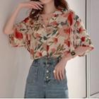 Short-sleeve Lapel Floral Print Button-up Chiffon Loose Fit Shirt