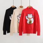 Mock-neck Cat Embroidery Sweater