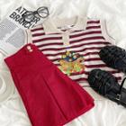 Striped Flower Embroidered Knit Vest / High-waist Plain Skorts