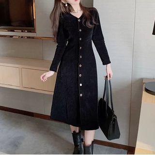 Long-sleeve V-neck Button-up A-line Dress