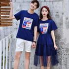 Couple Matching Short-sleeve Printed T-shirt / Mesh Overlay A-line Midi Dress
