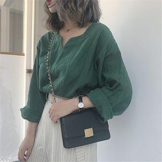 Plain V-neck Long-sleeve Blouse / High-waist Striped Lace-up Pants