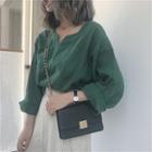 Plain V-neck Long-sleeve Blouse / High-waist Striped Lace-up Pants