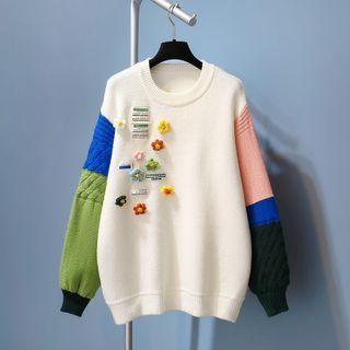 Flower Applique Color Block Sweater