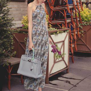 Flower Print Halter Sleeveless Maxi A-line Dress