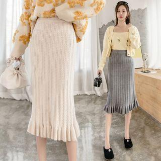 Ruffled Midi Pencil Cable Knit Skirt