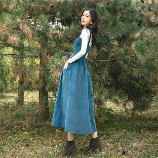 Set: Mock Turtleneck Knit Top + Midi Corduroy Jumper Dress