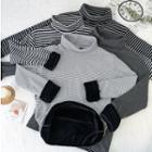 Fleece-lined Striped Turtleneck Long-sleeve T-shirt