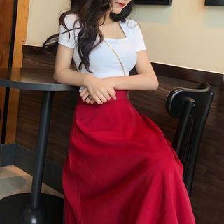 Set: Square-neck Short-sleeve T-shirt + High Waist Midi A-line Skirt