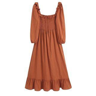 Long-sleeve Square-neck Ruffle-trim Midi A-line Dress