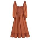 Long-sleeve Square-neck Ruffle-trim Midi A-line Dress