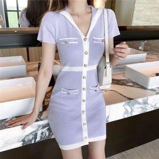 Short-sleeve V-neck Two-tone Button-up Knit Dress