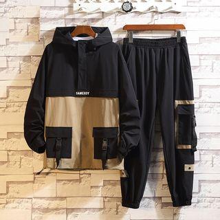 Set: Buckled Two-tone Hooded Pullover + Cargo Pants
