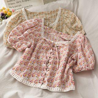 Cropped Lace-trim Floral Corset Blouse